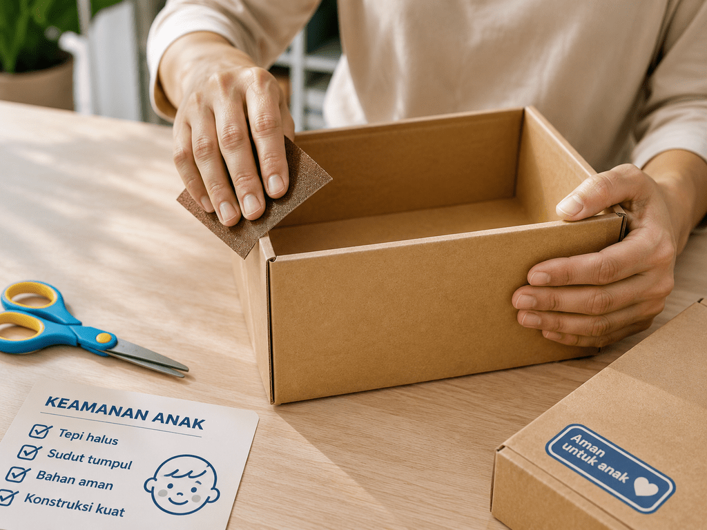 Orang tua memastikan kardus bebas dari staples logam dan sudut tajam sebelum diberikan kepada anak.