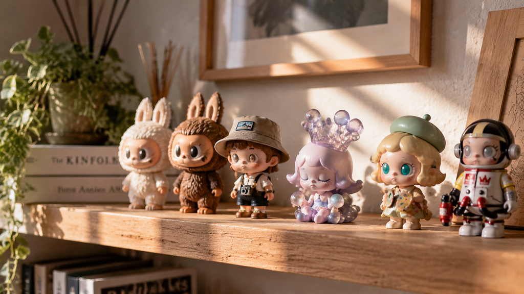 Deretan figur karakter vinil mini dari berbagai merek blind box mainan anak di rak pajangan.