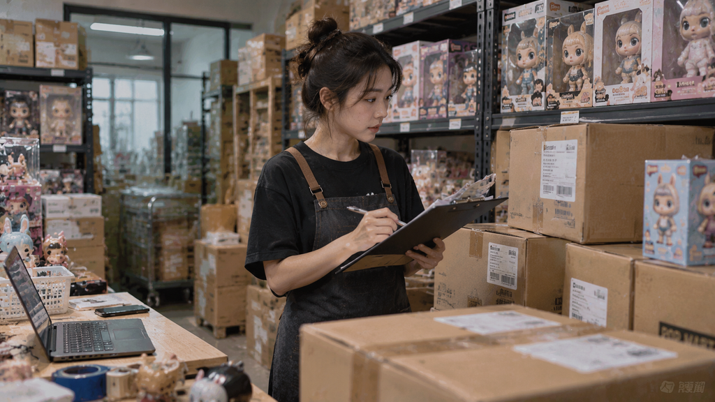 Pemilik toko memeriksa kelengkapan dokumen kepatuhan dan stok blind box mainan anak di gudang.