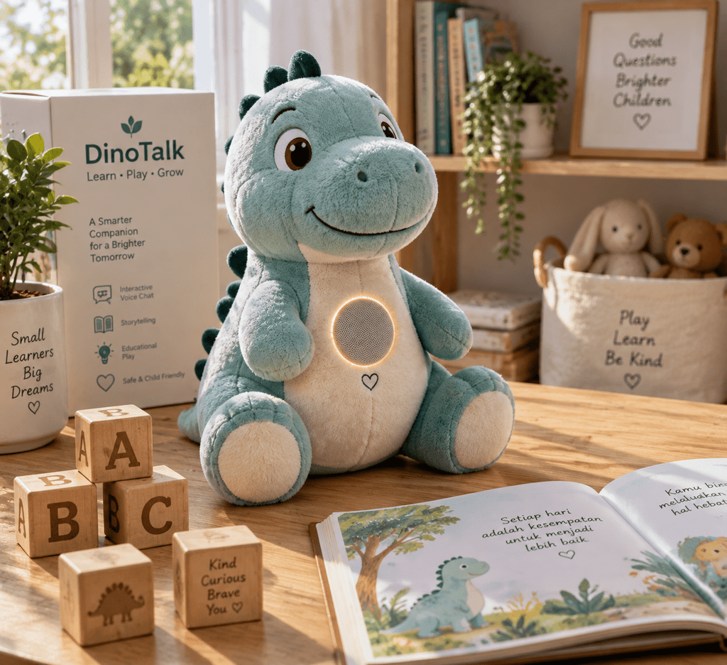 Boneka pintar edukatif berbasis AI dengan sensor suara bersanding dengan balok kayu tradisional di meja anak.
