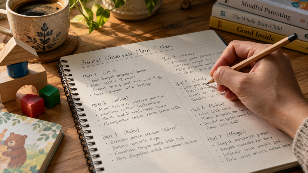 Buku jurnal harian orang tua dengan lembar checklist observasi perkembangan fokus dan fleksibilitas berpikir anak.