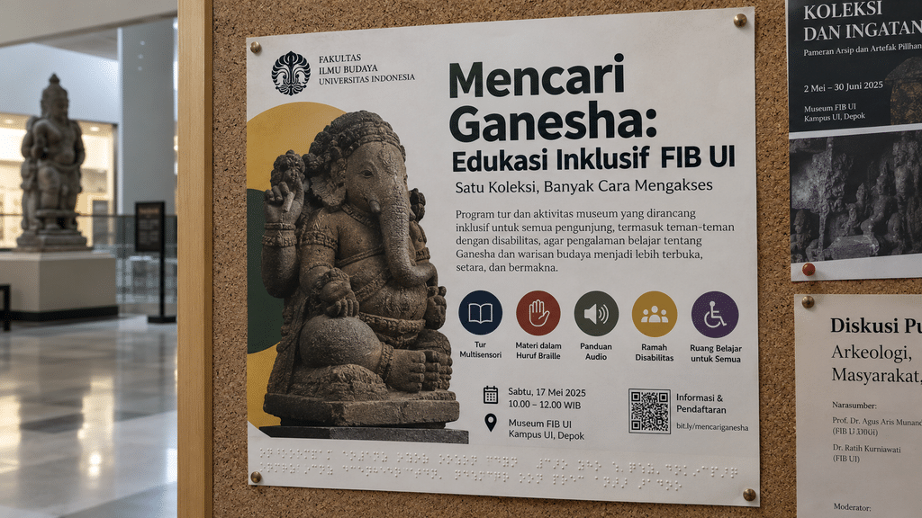 Poster kegiatan edukasi inklusif bertajuk "Mencari Ganesha" yang terpasang di dinding mading museum.