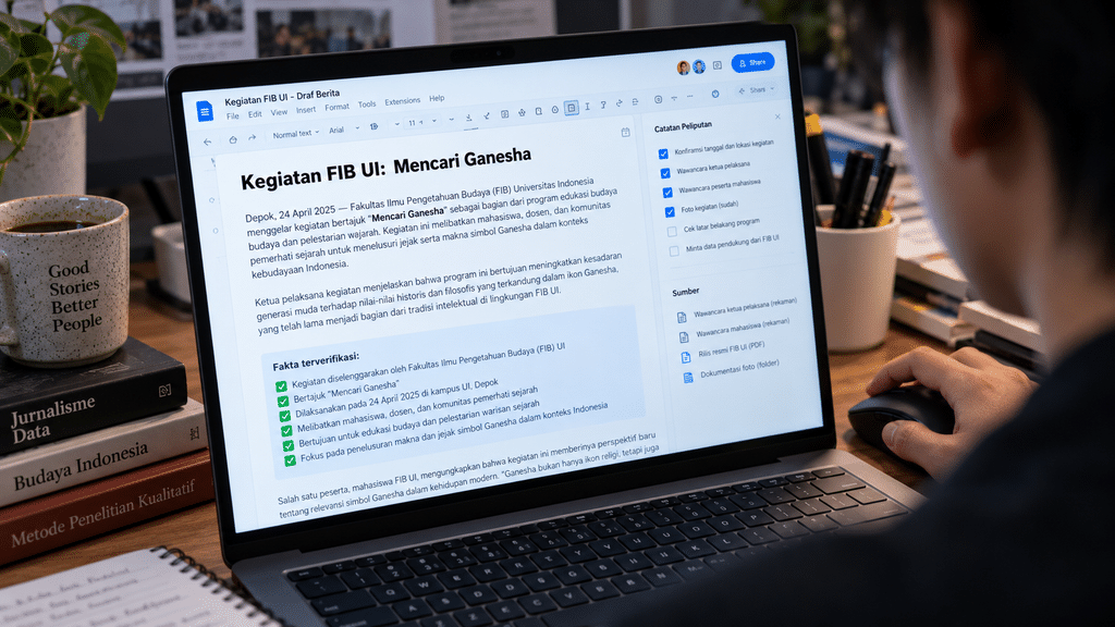 Layar laptop seorang jurnalis yang memuat draf artikel berita tentang kegiatan inklusi FIB UI di museum, menyoroti fakta yang terverifikasi.
