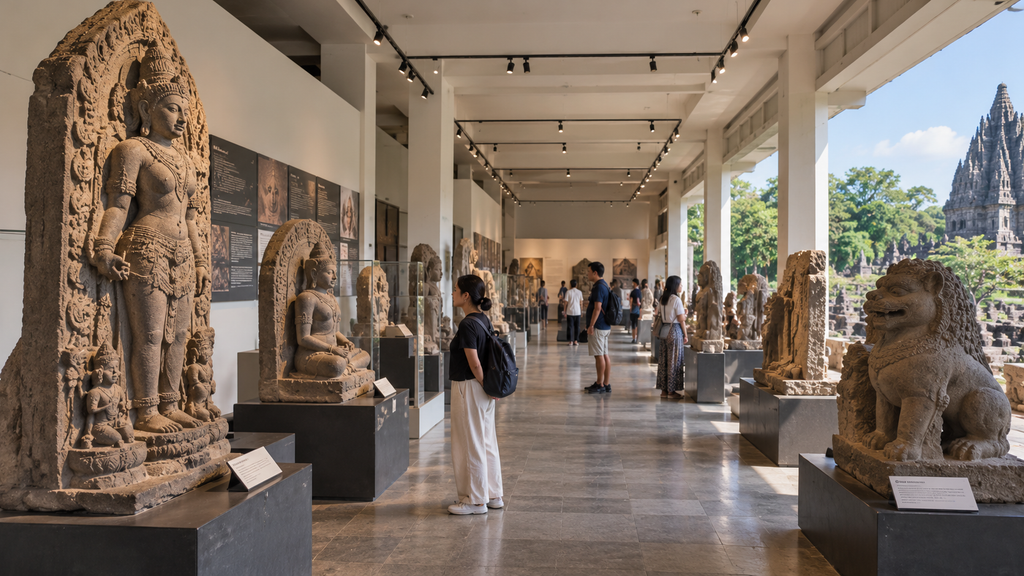 Pemandangan selasar pameran terbuka di museum yang menampilkan deretan koleksi arca batu kuno dari berbagai zaman secara rapi.