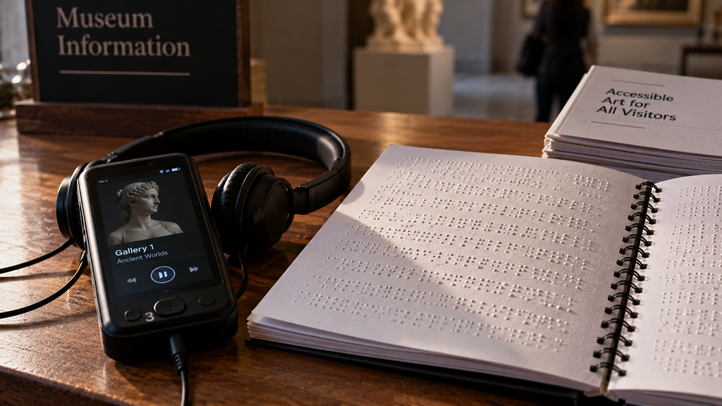 Perangkat panduan suara (audio guide) bersanding dengan buku panduan pameran yang dicetak dalam huruf braille di atas meja registrasi museum.