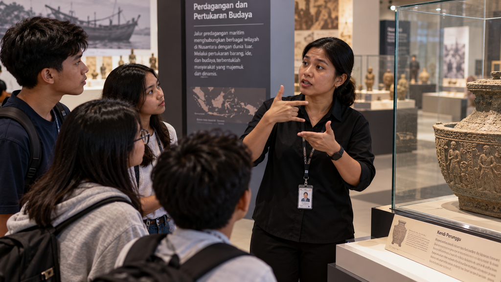 Seorang penerjemah bahasa isyarat memperagakan penjelasan tentang sejarah arca kepada kelompok siswa dengan hambatan dengar di depan etalase pameran.