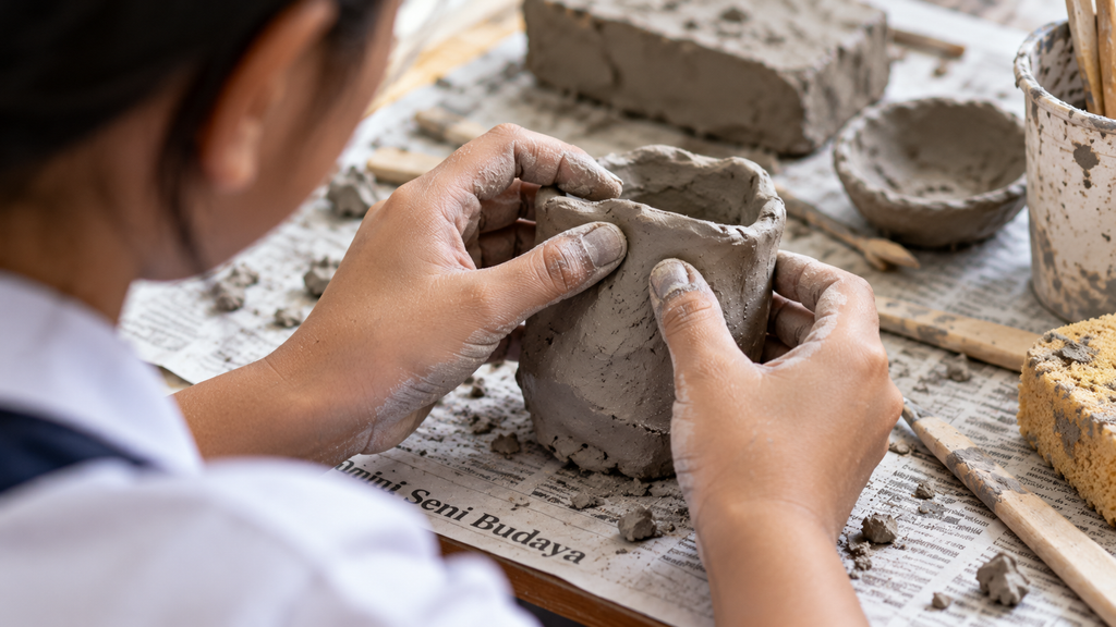 Tangan seorang siswa sedang berkreasi membentuk ulang arca menggunakan tanah liat yang mengering sendiri (dry clay) di atas meja kelas.