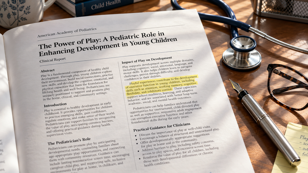 Jurnal medis Pediatrics dari American Academy of Pediatrics terbuka di bab The Power of Play di atas meja kerja dokter anak.