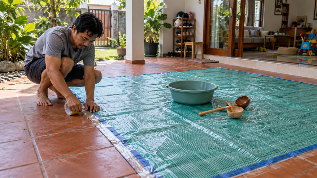 Orang tua membentangkan alas terpal pelindung lantai dan menata baskom sensorik di sudut teras rumah.